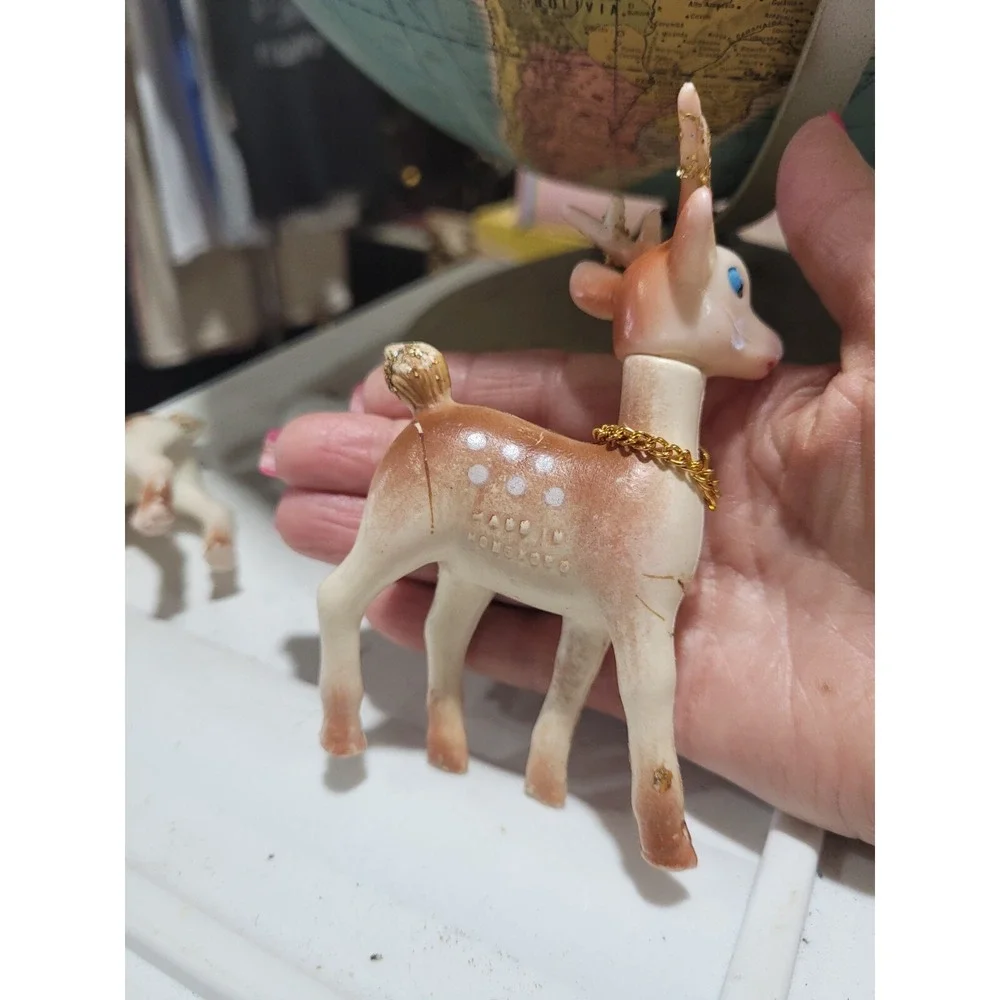 2 Small Plastic Fawn Deer Hong Kong Gold Bell Vintage